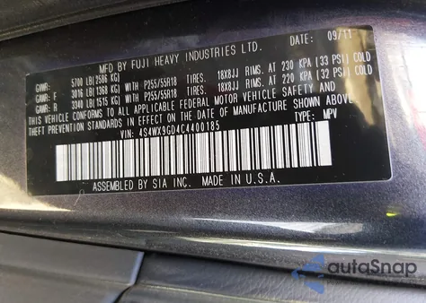 2012 Subaru Tribeca 3.6R Limited from USA, damaged, VIN 4S4WX9GD4C4400185